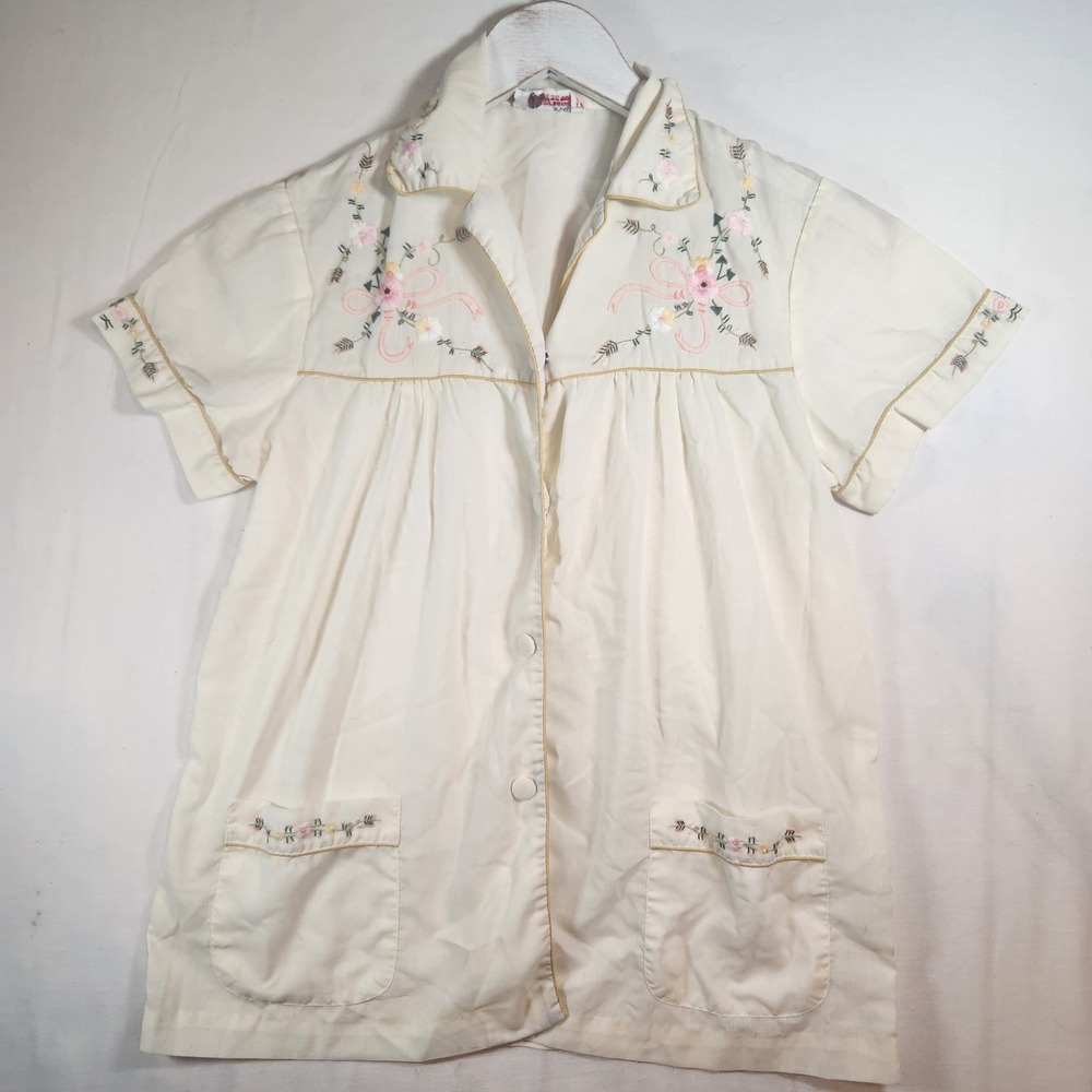 60s Vintage Peacock Floral Embroidered Bed Jacket Cream Short Sleeve Cottagecore